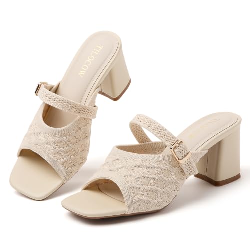 Image of Tilocow Knit Heeled Sandals for Women Square Open Toe Heeled Mules Chunky Block Low Heel Slip On Slides