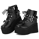 Accloris Black Platform Ankle Boots for Women Goth Punk Rave Shoes Sheer Ribbon Lace Up Zipper Round Toe Wedge Chunky High Heels Buckle Booties