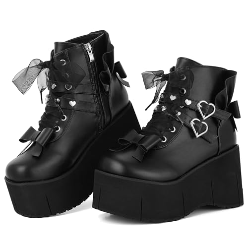 Black Platform Ankle Boots for Women Goth Rave Shoes Punk Rivet Lace Up Zipper Round Toe Wedge Chunky High Heels Buckle Booties