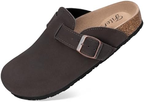 FITORY Damen Clogs Slip-On Kartoffelschuhe Leder Pantoletten Spitze Wildleder Kork Fußbett Größen 37-43