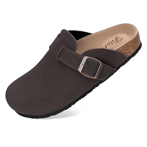 FITORY Womens Clogs Slip-on Potato Shoes Leather Mules with Suede Cork Footbed Mocha Size 4