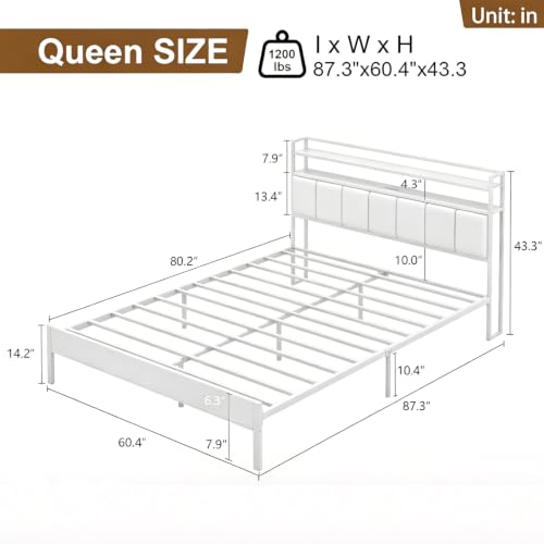 Image of Queen Size Bed Frame with Upholstered Headboard and 2-Tier Storage Shelves | Metal / Charging Station / LED Lights / Under Bed Storage / Non-slip / Noise Free / No Box Spring Needed / White