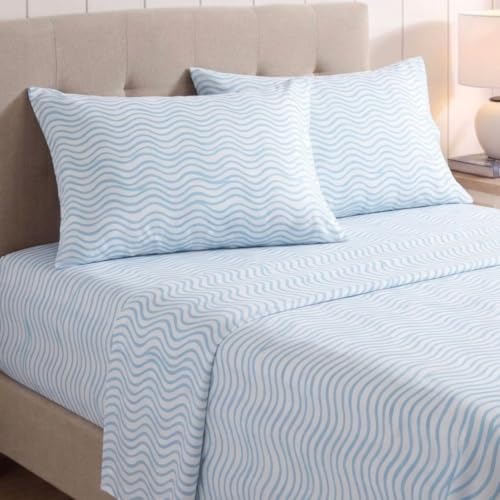 Image of Nautica - Sheet Set, Breathable & Cooling Microfiber Bedding with Matching Pillowcase, Deep Pocket, Fully Elasticized (Linearly Waves Ocean Breeze Blue, Twin)