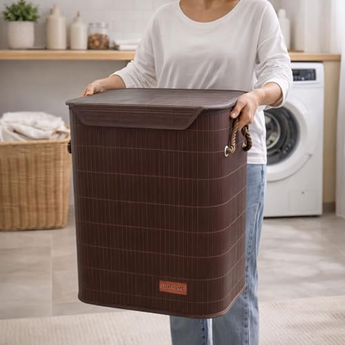 Image of Luxe Home Laundry Basket for Clothes, Premium Bamboo Big Storage Bag with Lid and Side Handle Multipurpose Used In Laundry Rooms, Bedrooms, Bathrooms (40x30x50 cm, Brown)