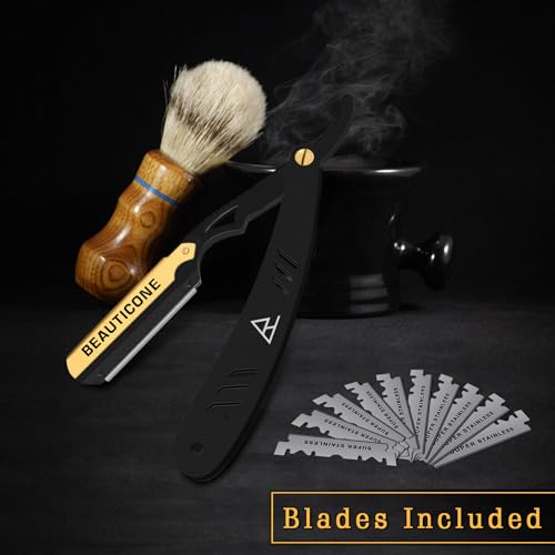 BEAUTICONE Straight Razors for Men, Straight Edge Razor, 100 Single Edge Blades, Stainless Steel, Barber Razor for Men's Shaving, Barber Shaving Knife, Swinglock