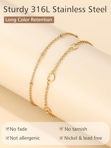 Image of FindChic Black /Silver /Gold Plated Anklets Set of 2PCS /3PCS Herringbone Chain Cuban Link Heart Charm Sparkling Tennis Ankle Bracelets, Waterproof Summer Foot Jewelry for Beach