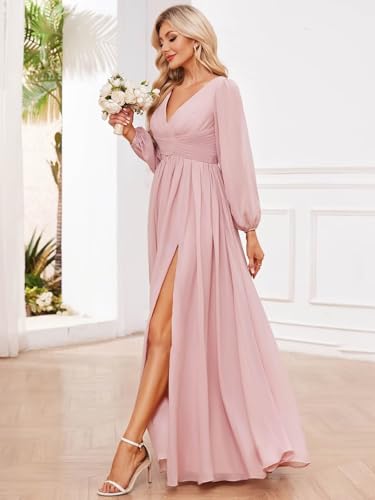 Women's Ruched Chiffon Long Bridesmaid Dress Long Sleeve V Neck Formal Evening Dress Side Split3