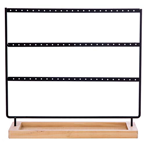 Earring Holder Stand 3-Tier 69 Holes Earring Organizer Stand Display with Wooden Storage Tray Desktop Bracelet Jewelry Holder for Women Black