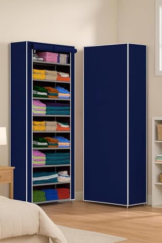 Image of Bagnizer Collapsible Wardrobe Printed Cover 6 Shelves Storage Clothes Storage Rack -Great Kitchen Storage QuickWardrobe Organizer Storage Rack Foldable Collapsible (Blue)