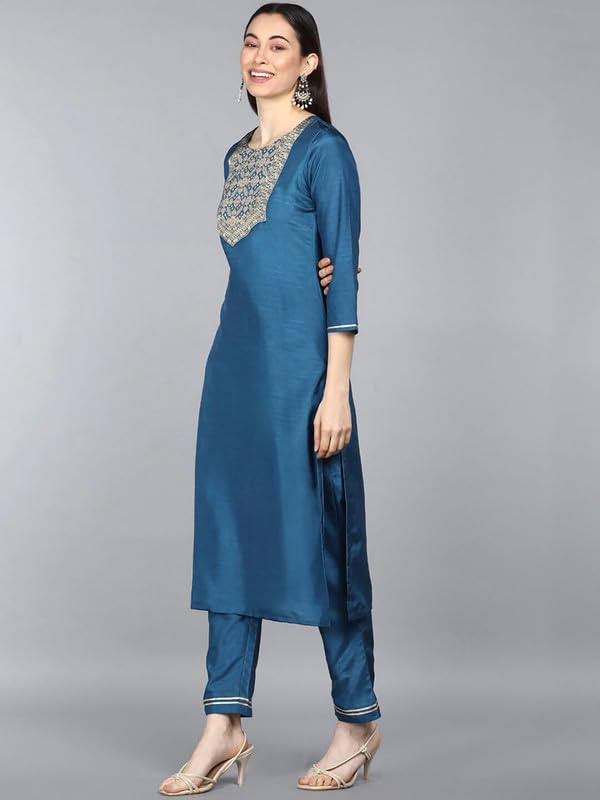 Image of Vaamsi Women's Poly Silk Ethnic Motifs Yoke Design Straight Kurta Set with Dupatta