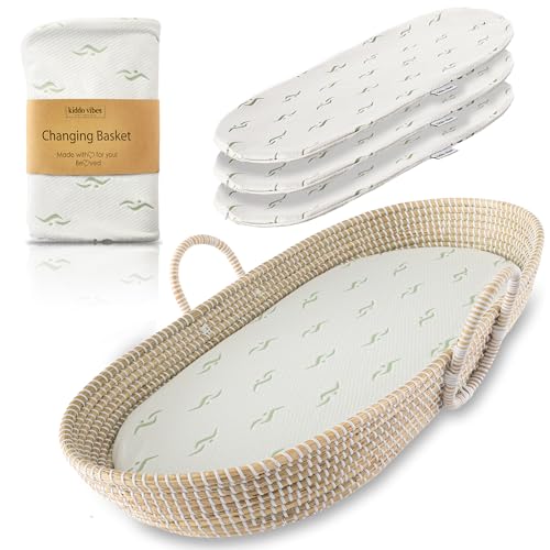 Image of Seagrass Baby Changing Basket Set w/Soft Basket Cover, Comfy Pad & 3 Waterproof Bamboo Jacquard Covers - Organic Handwoven Moses Basket for Babies CPSC Compliant - Boho Changing Basket for Dresser
