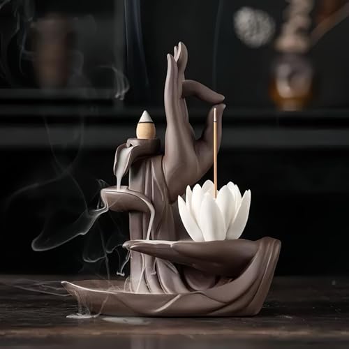 XINGZUAN Lotus Hand Backflow Incense Burner– Ceramic Cones Incense Holder Waterfall Incense Burner & Incense Waterfall Fountain for Zen Decor Backflow Incense Cone Burner