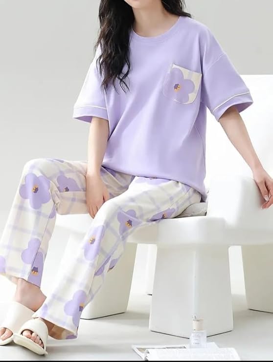Image of LUXERUDRA Women's Pajama Set, Soft Breathable Korean Style Nightsuit with Top & Full Pants, Lightweight Loose Fit Nightwear & Loungewear for Girls & Women.