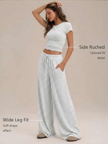 Image of Trendy Queen 2 Piece Matching Summer Lounge Set Womens Side Ruching Top Wide Leg Pants Sets with Pockets