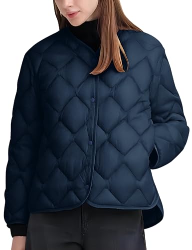 Little Donkey Andy Women's Winter Quilted Jackets Long Sleeve Button Down Diamond Puffer Jacket Outerwear Coats with Pockets (Navy Blue L)
