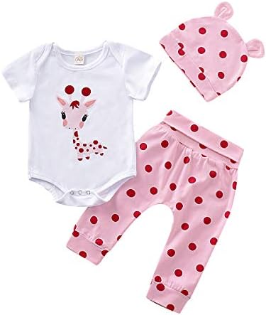 NZRVAWS Infant Pink Outfit Toddler Clothes Girl 3pcs Pink Deer Print Short Sleeve Romper Pants Set Baby Girl Hats 12-18 Months Summer