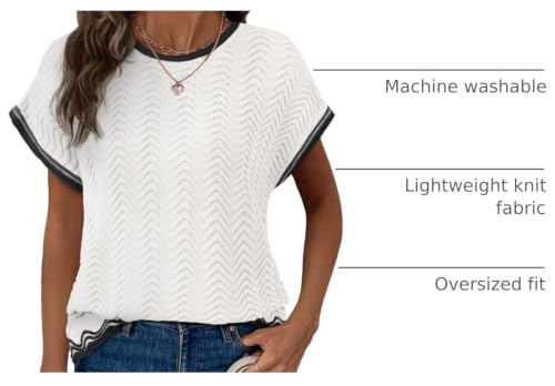 Image of Dokotoo Womens Summer Tops Casual Short Sleeve Wavy Crochet Crewneck Color Block Lightweight Knit Loose Pullover Sweaters
