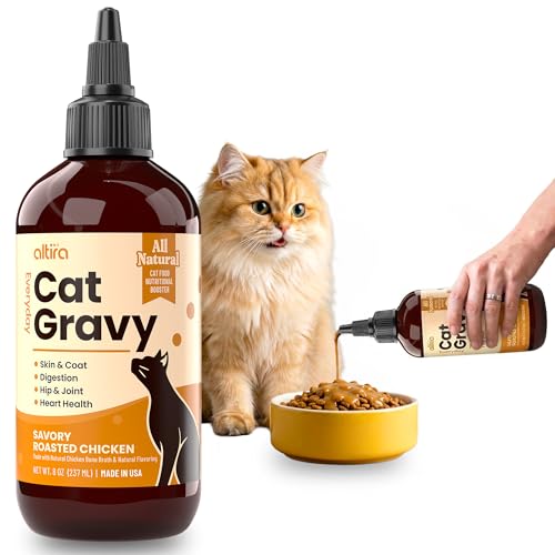 Altira Everyday Cat Gravy - Wet Cat Food Topper for Dry Food and Wet Food with Chicken Bone Broth Glucosamine MSM Omega 3 and Probiotics - Skin Coat Heart Hip & Joint Support 8oz RoastedChicken