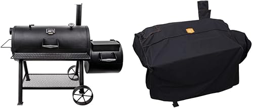 Oklahoma Joe's Longhorn Reverse Flow Smoker Black & 2855872P04 Longhorn Reverse Flow Anthem Series Rip-Stop Offset Smoker Cover Negro