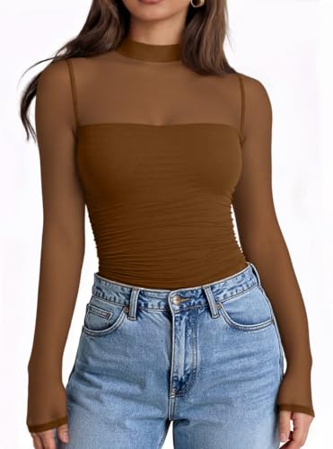 LILLUSORY Womens Long Sleeve Mesh Tops Mock Neck See Through Lace Shirts Sheer Going Out Sexy 2025 Fall Fashion Outfits