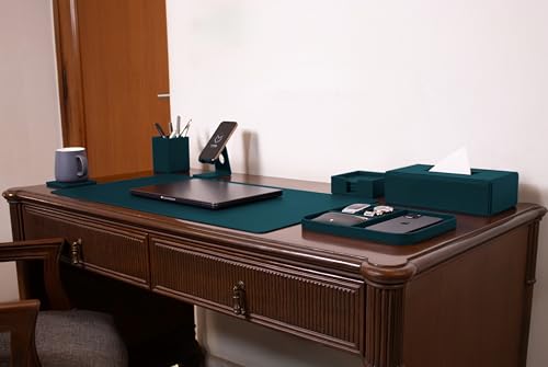Image of V-CUBE Designs Premium Vegan Leather Executive Set of 6| Multipurpose Personal Desk Organizer| Desk Mat | Valet Tray| Tissue Holder | Pen Holder| Coaster | Mobile Stand for Office Table & Home - Teal