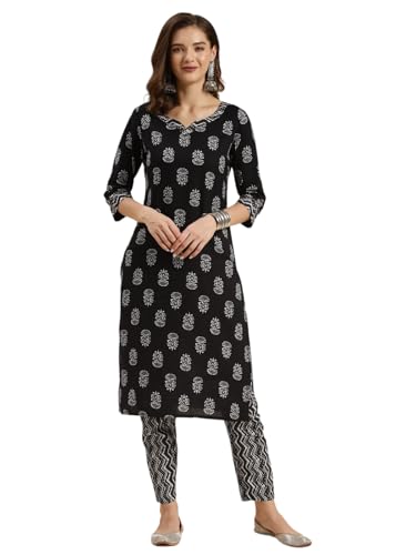 Image of rangita Black Cotton Printed Straight Kurta with Pant | Kurta Set for Women