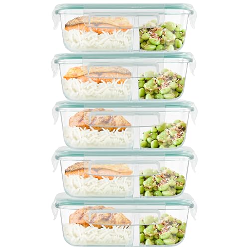 Winter Shore Boites Alimentaires Hermétiques en Verre à 2 Compartiments (Lot de 5) - Meal Prep Verre Sans BPA, Étanches & Hermétiques - Adaptées au Micro-ondes,...