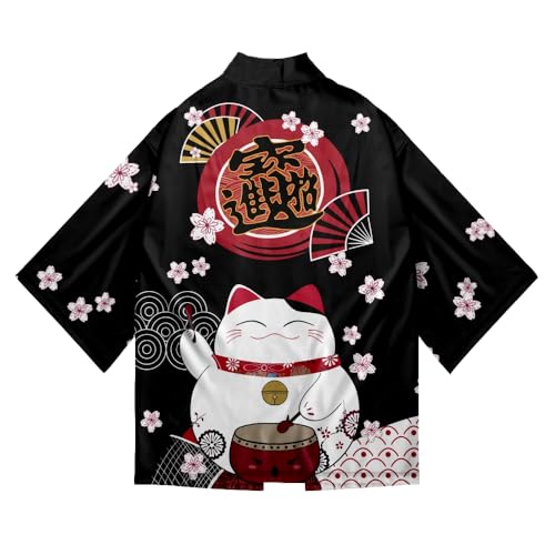Image of LAI MENG FIVE CATS Women's Lucky Cat Cardigan Kimono Loose Cover up Casual Blouse Cute Tops