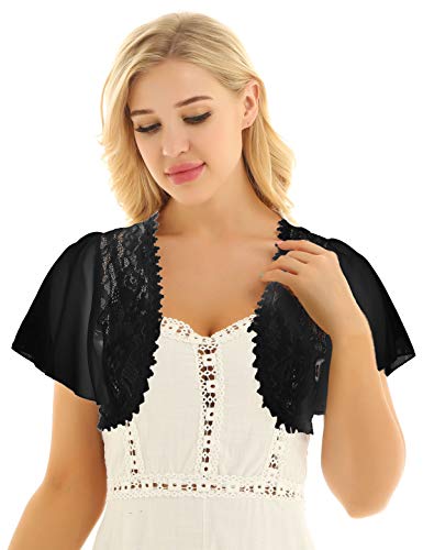 zdhoor Woman Short Sleeve Chiffon Sheer Lace Shrug Cropped Bolero Cardigan Jacket for Evening Dresses Black X-Large