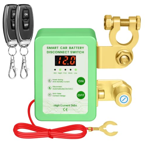 Automatic Power Cut-Off Switch, Kill Switch for car Battery 12V/24V Disconnect Switch with Voltage Display, Auto Disconnects Below 11.8V, 240A Rated Current, Remote Control (Green)
