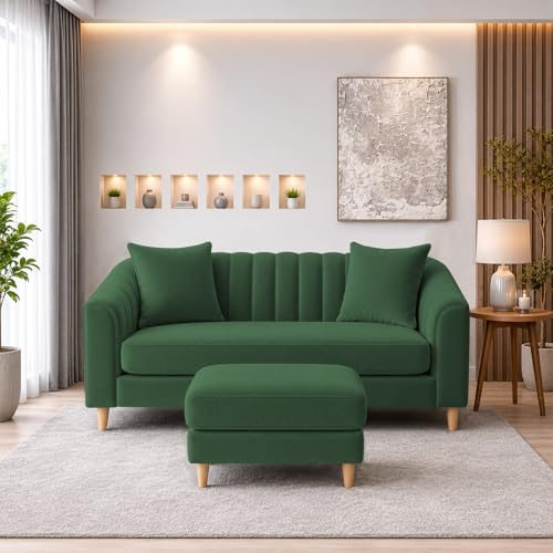 Image of Doraldo 2 Seater Sofa Set with Ottoman for Living Room (Green) Premium Fabric Sofa