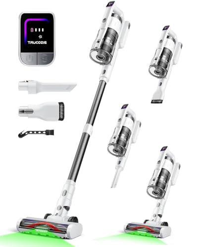 Image of Cordless Vacuum Cleaner for Home, Upgraded 60Kpa Powerful Suction Pet Hair Vacuum with 70min Runtime, Green LED Light for Hardwood Floors & Carpet, Self-Standing Rechargeable Stick Vacuum, Grey-white