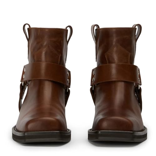 Ankle Boots for Women, Buckle Hardware Biker Boots with Square Toe Chunky Heel Slip On Fashion Engineer Boots2