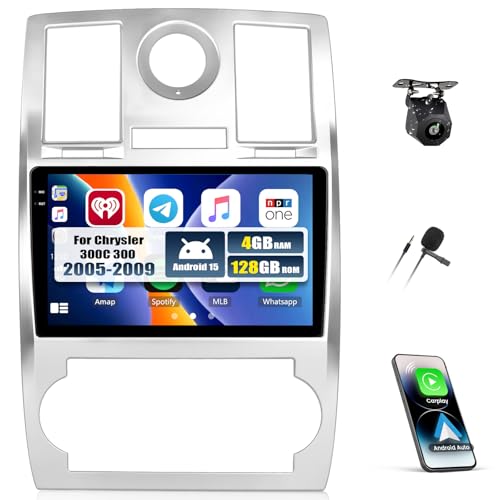 CAMECHO 4+128G Android 15 Navi Autoradio pour Chrysler 300C 300 2005-2009 avec Caméra de Recul, 9 Pouces Bluetooth Radio Carplay Android Auto sans Fil avec WiFi GPS...