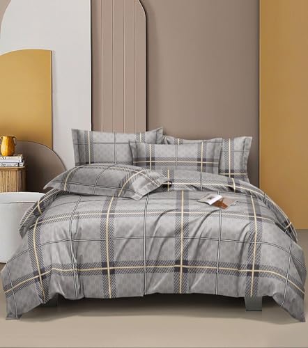 Image of Castiqa 400 TC Cotton Feels All Over Elastic Fitted Bedsheet Set Perfect Upto 10inch Mattress with 2 Matching Pillow Covers Size-18x28inch (Queen Size 60x78, Grey Check)