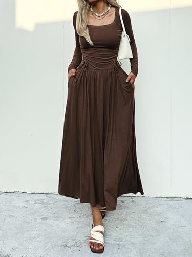 Women’s Long Sleeve Square Neck Maxi Dress Adjustable Waist Tie Casual Flowy A-Line Pleated Dresses with Pockets2