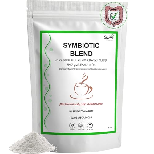 Symbiotic Blend Creamer - Natural Microbiotic con Probióticos y Prebióticos Intestinales, Melena de León y Zinc - Reduce Gases e Hinchazon Adultos - 30 dosis (1 Mes) - Hecho en España - 100% Vegano