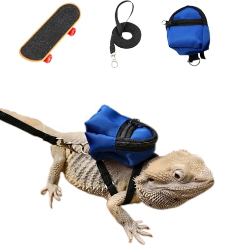 Image of Bearded Dragons Accessories Toy Lizard Backpack Leash Set Adjustable Strap and Mini Skateboard Suitable for Lizard Bearded Dragons Hamster Parrots Little Turtle Reptiles Small Animals (Blue)