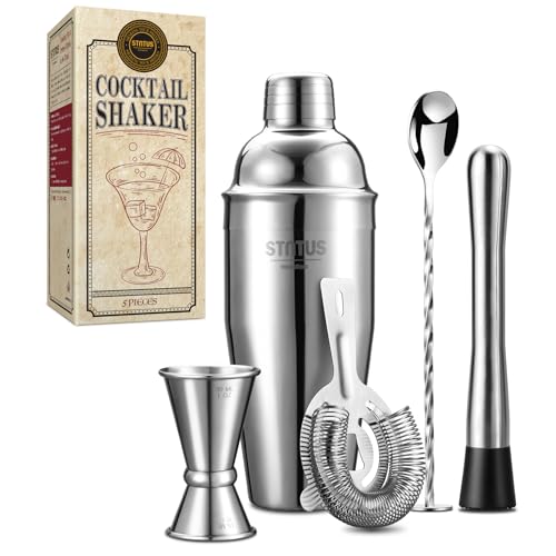 STNTUS - Coctelera de acero inoxidable, 750 ml, 5 unidades, accesorios con colador, vaso medidor, cuchara de bar, palo, batidora de cóctel