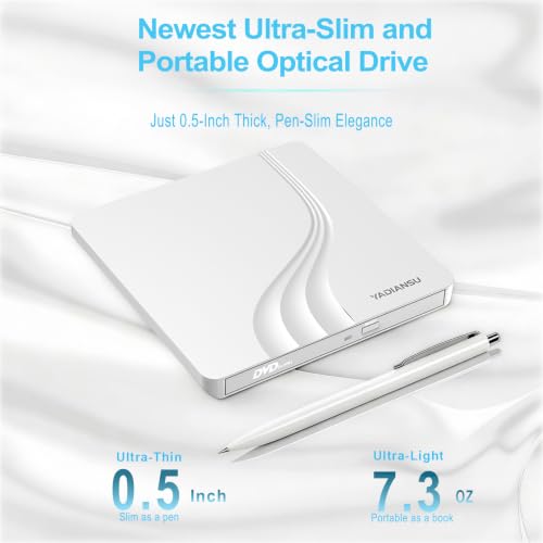 Image of External CD DVD Drive, 0.5″ Ultra Slim USB 3.0 Type-C DVD Player, CD DVD+ /-RW Optical Drive, Portable DVD CD Burner Reader Writer Recorder for Laptop, Desktop, Mac, Windows 11 /10 /8 /7, Linux, White