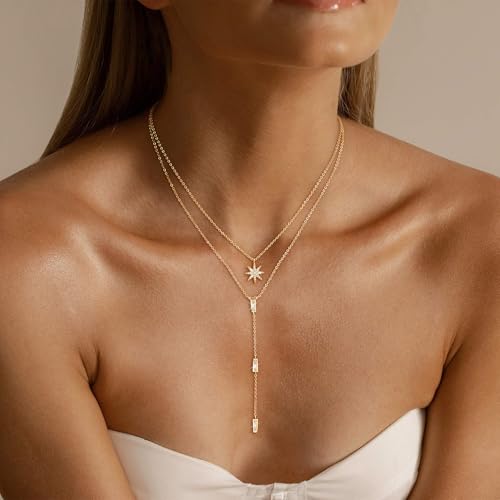 Image of CHESKY Long Necklaces for Women, 14k Gold Plated /Streling Silver Lariat Necklace Dainty Statement Prom Necklace Rosary Cross Sun Drop Pendant Dangle Necklace Gold Prom Jewelry for Women Gifts