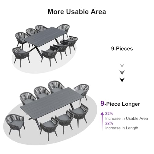 Image of PURPLE LEAF 9 Piece Longer Outdoor Dining Set with Patio Aluminium Dining Table and Wicker Chairs Modern Furniture Cushions Sets for Backyard Indoor Decor Kitchen Gray