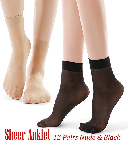 G&Y 12 Pairs Ankle Nylon Socks For Women - 20D Sheer Pantyhose Socks (6 Black & 6 Nude) #TOP1
