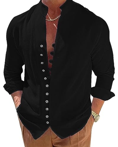 NANAMEEI Chemise Lin Homme Manches Longues Chemise Col Mao Homme Chemises Boutonné Hommes Ete Chemises de Plage Noir M