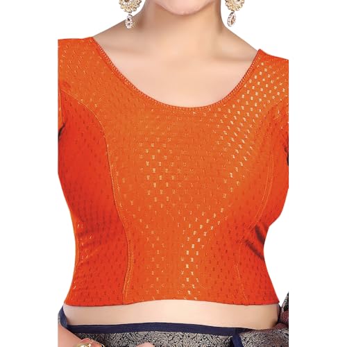 Image of FINESTFIT Round Neck Stretchable Elbow Sleeve Readymade Saree Blouse for Women, 100% Cotton Dobby Fabric