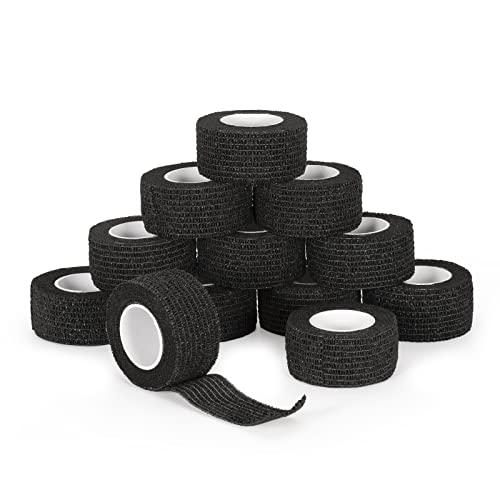 SEADESKY 12 Rollos Venda Cohesiva 2,5cm x 4,5m Deportivo Cohesivo Cinta Bendaje Adhesiva para Protegen Dedos, Muñecas, Tobillos Vendaje Autoadhesivo Elástico Banda Venda Cinta (Negro)