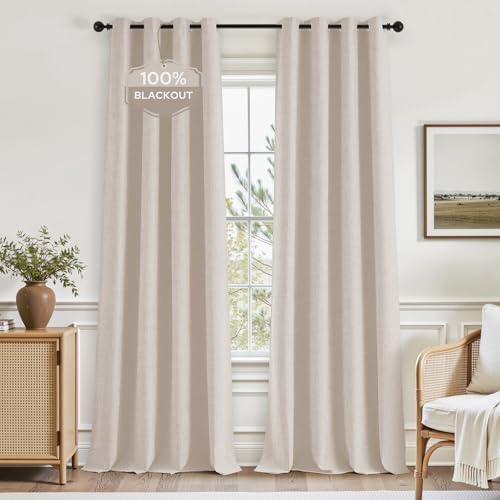 Image of HOMEIDEAS 100% Blackout Beige Faux Linen Curtains 52W x 84L 2 Panels