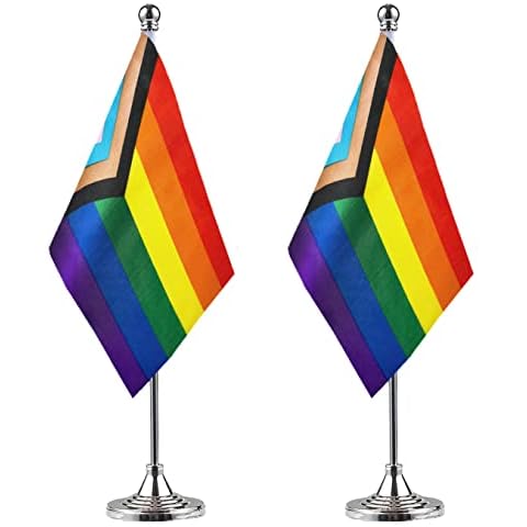 WXTWK 2 Pack Progress Pride Rainbow Desk Flag Small Mini Gay LGBT Table Flags With Stand Base,Rainbow Mardi Gras Festival Events Celebration Decorations Cover