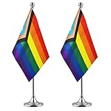 WXTWK 2 Pack Progress Pride Rainbow Desk Flag Small Mini Gay LGBT Table Flags With Stand Base,Rainbo