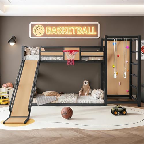 Image of Bellemave Bunk Bed Twin Over Twin with Slide, Basketball Hoop & Climbing Wall, Heavy Duty Metal Twin Bunk Beds for Kids with Guardrails, Low Bunk Bed for Bedrooms, No Box Spring Needed, Yellow